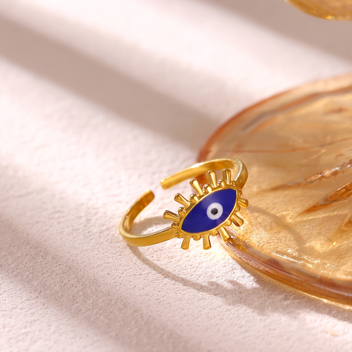 Blue Enamel Demon's Eye Open Ring, Stainless Steel